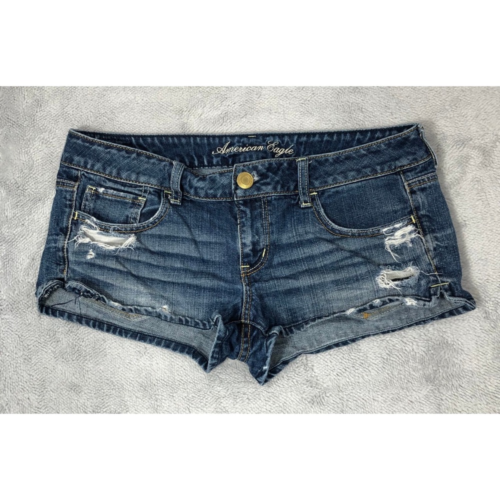 American Eagle Jean Shorts Women's 8 Denim Blue Low Rise Distressed Boho Summer